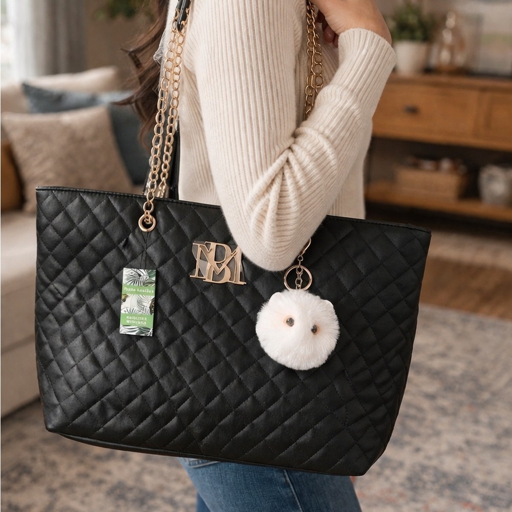 Badgley Mischka Black Quilted Tote with Gold Chain Hardware